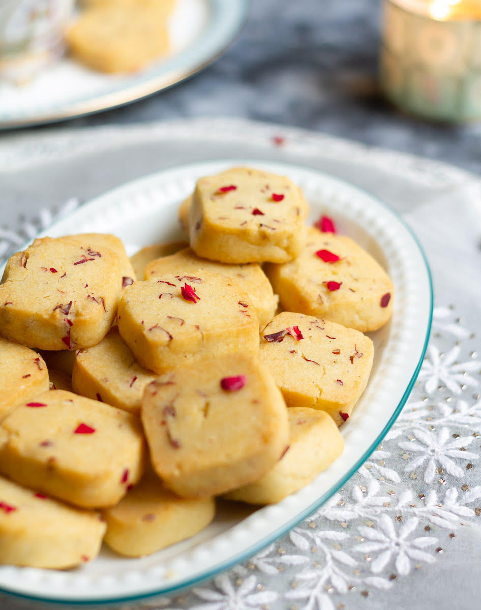 Eggless Rose Shortbread Cookies | Rosewater Shortbread Cookies