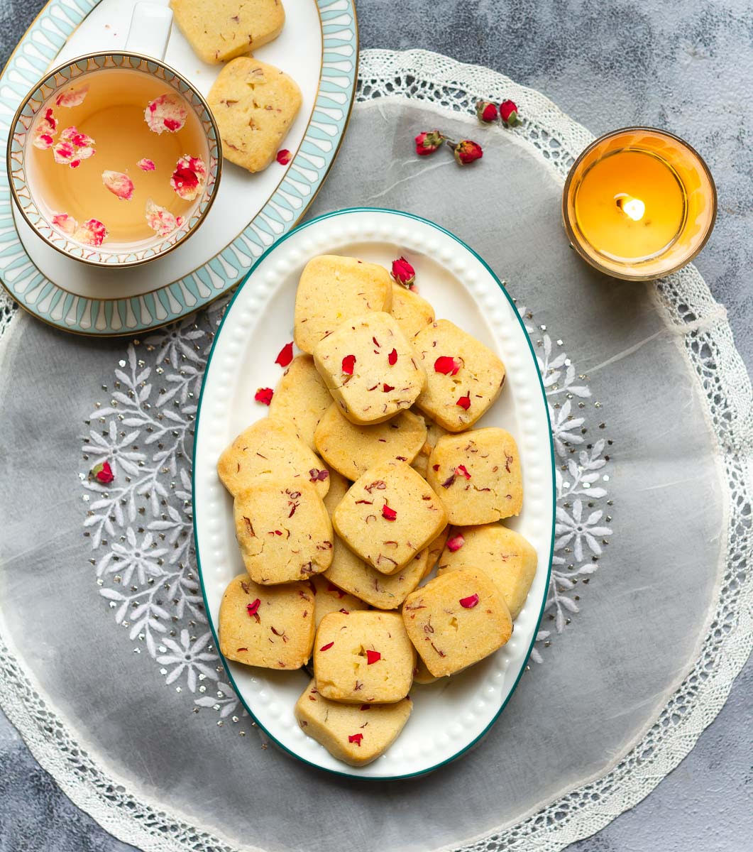 Eggless Rose Shortbread Cookies | Rosewater Shortbread Cookies