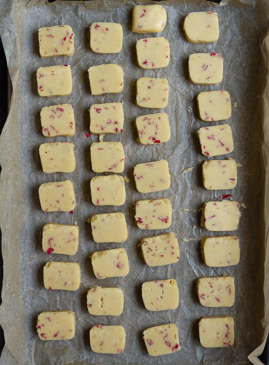Slice the chilled dough into 1/8" slices