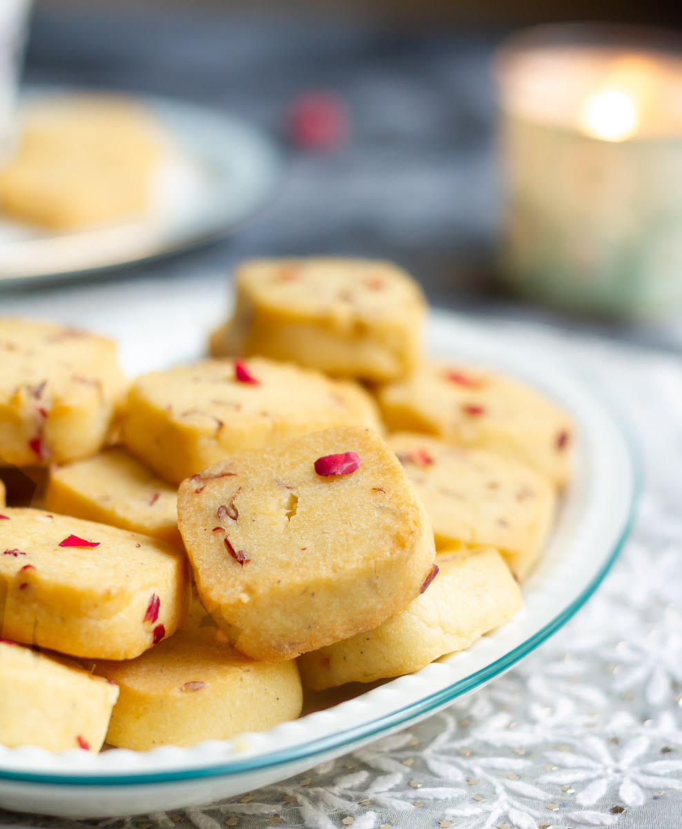 Eggless Rose Shortbread Cookies | Rosewater Shortbread Cookies