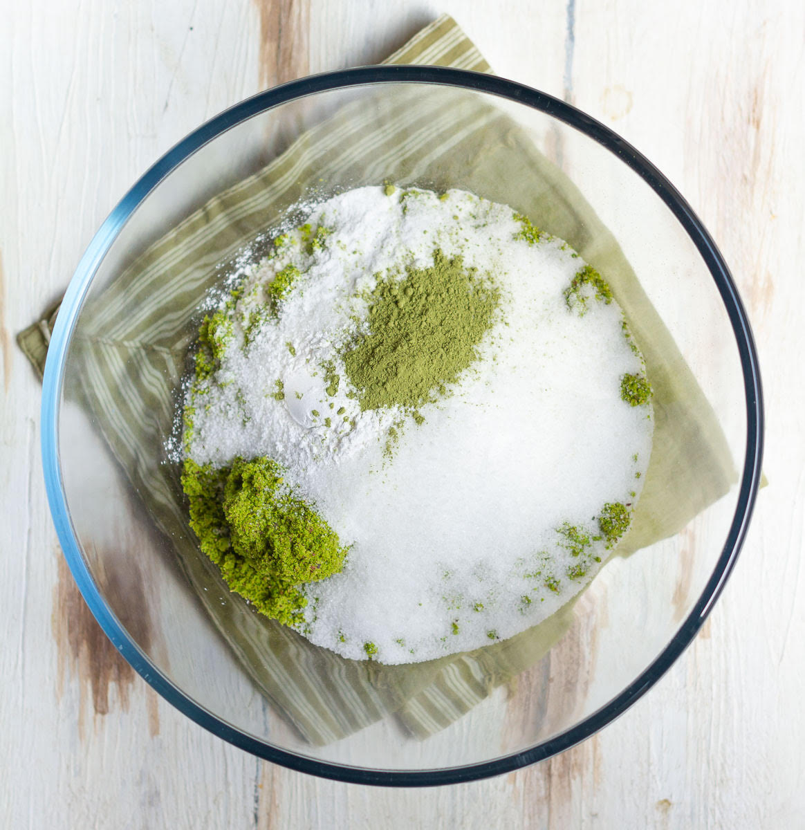 dry ingredients for making pistachio cake.