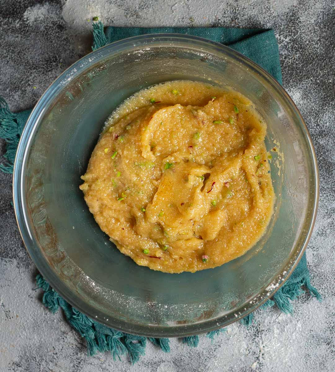 Fold in the pistachios and saffron strands