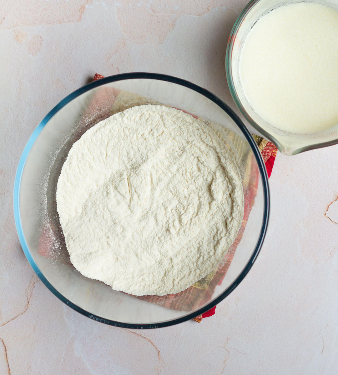 Dry and wet ingredients for Cinnamon Roll Cake.