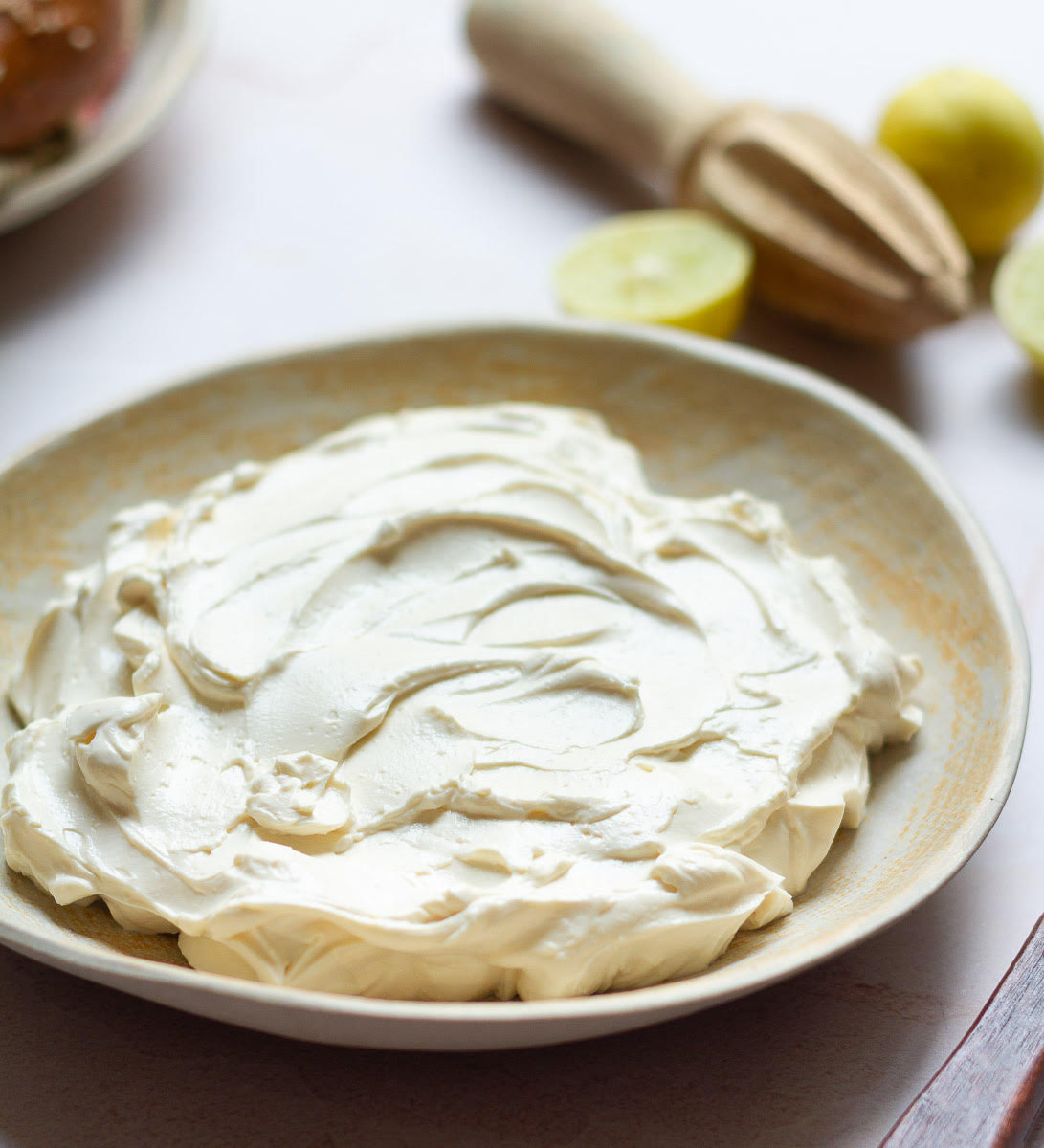 Cream cheese in a shallow serving dish.