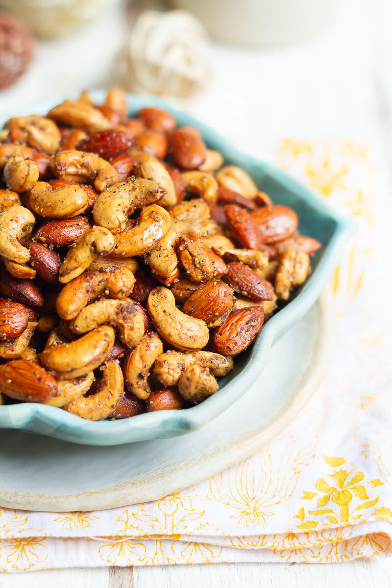 Masala Roasted Nuts in a blue serving dish.