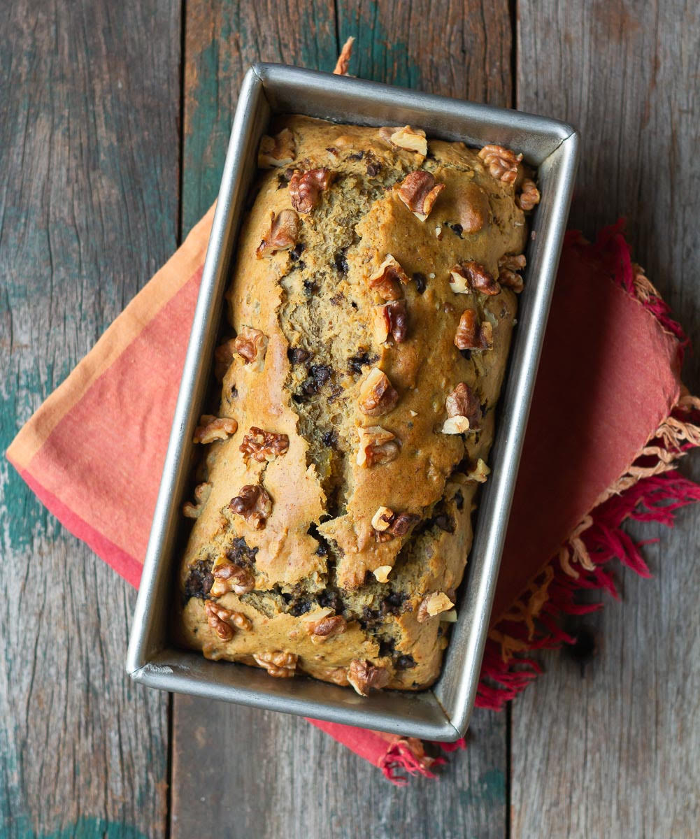 Baked sweet potato cake in a loaf pan.