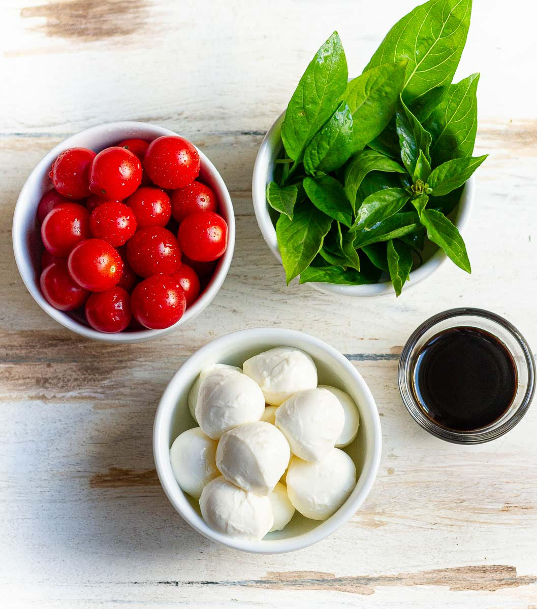 Ingredients for caprese skewers.
