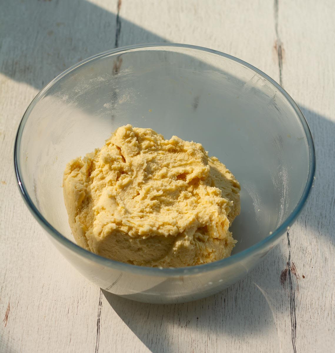 Dough for spritz cookies in a mixing bowl.