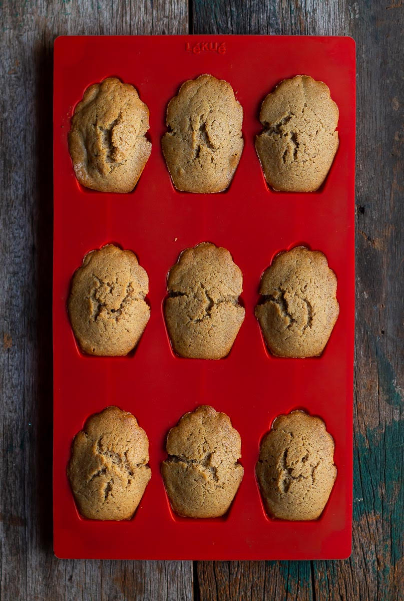 Baked madeleines in a red silicone mold.