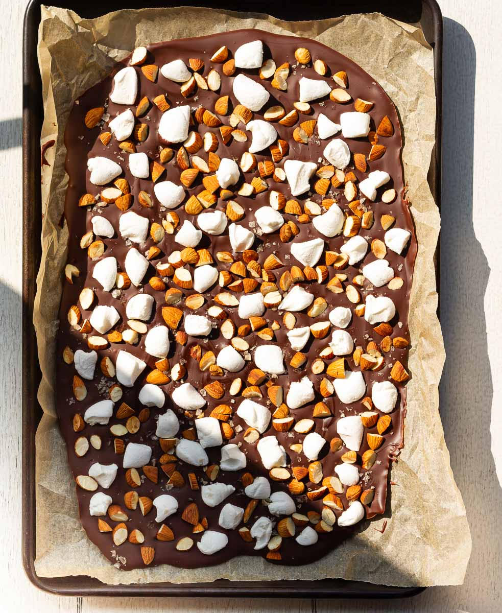 Set rocky road chocolate bark on parchment paper.