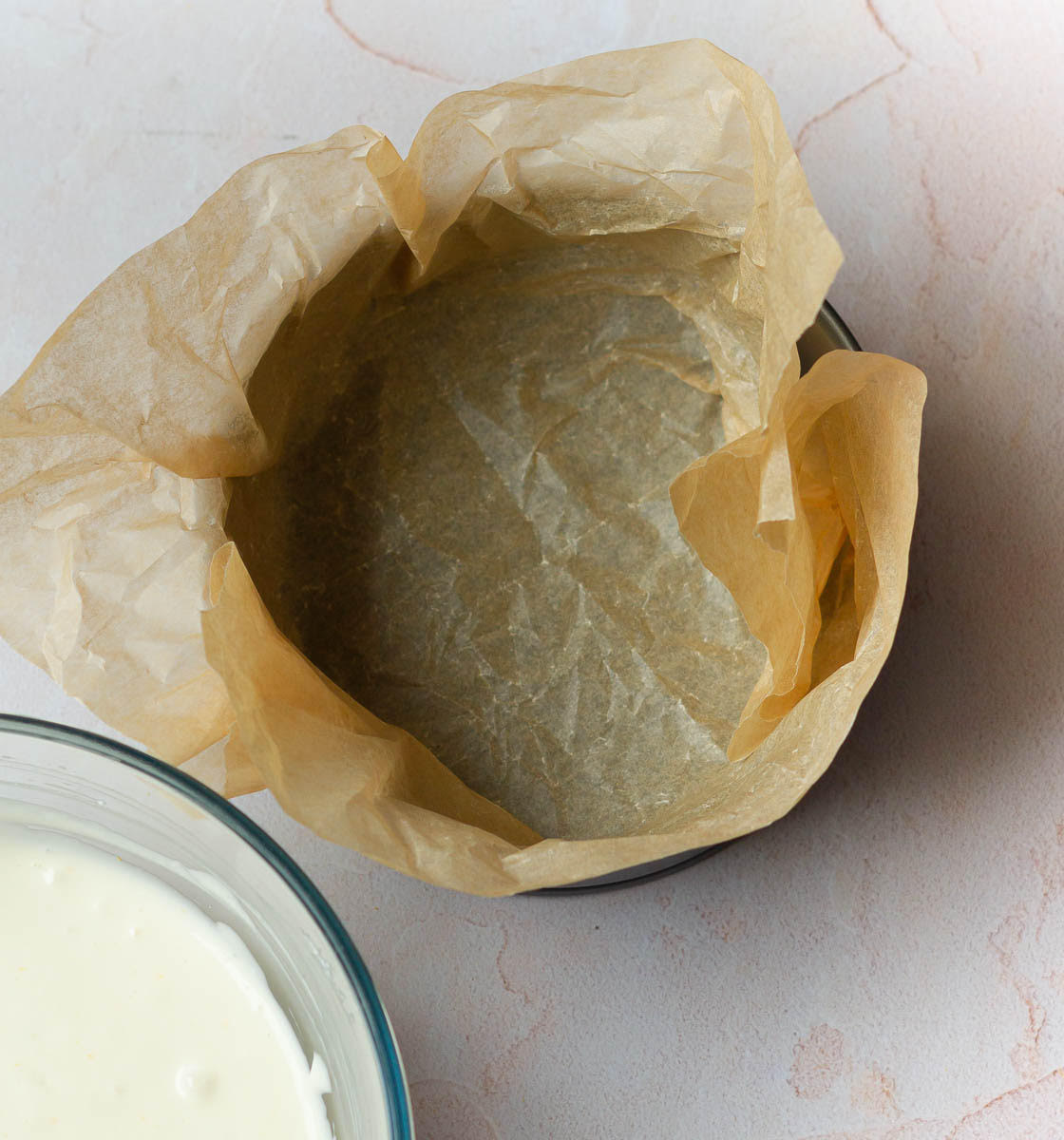 Cake tin lined with parchment paper.