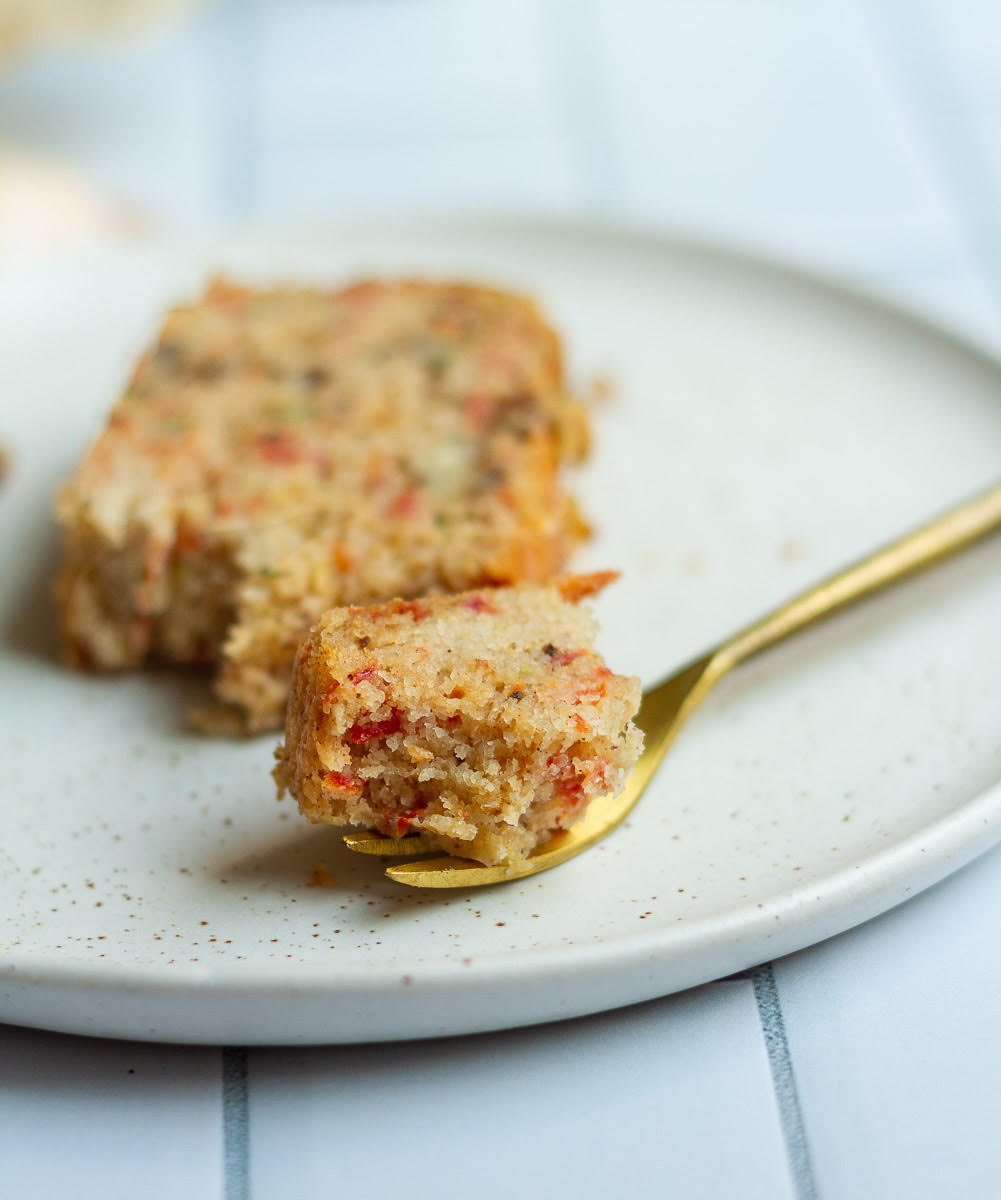 Bite of Carrot Zucchini Bread on a fork.