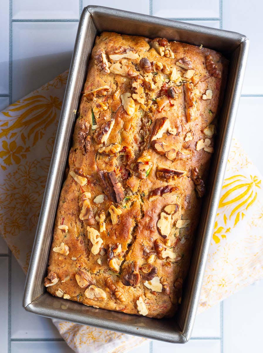 Baked Carrot Zucchini Bread in loaf pan.