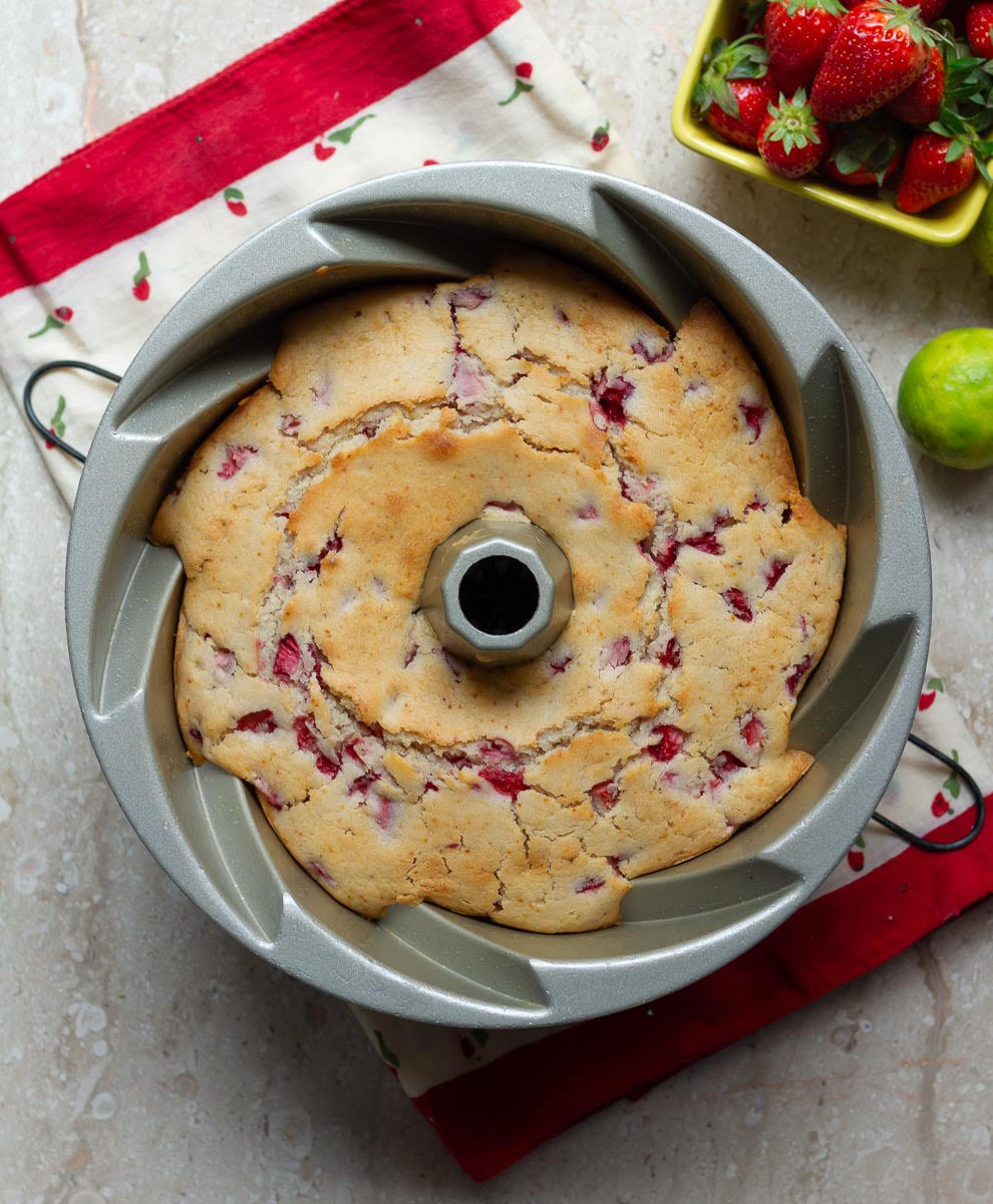 baked Strawberry Lemon Bundt Cake in a bundt pan.