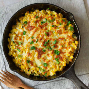 Korean Corn Cheese in a cast iron skillet.