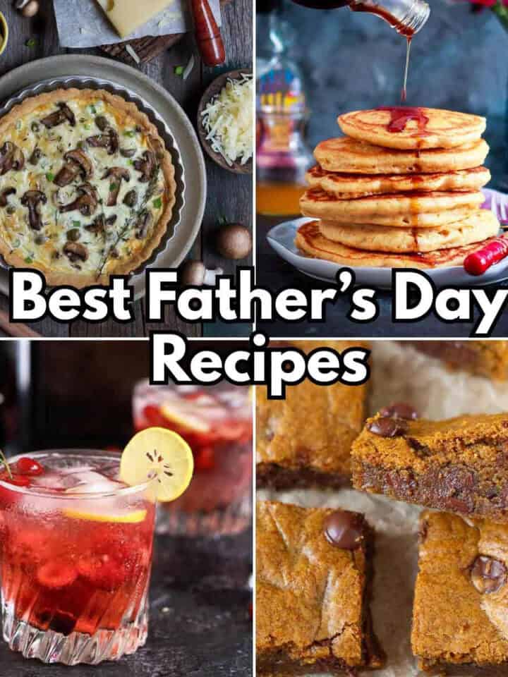 A picture collage of mushroom quiche, cherry gin & tonic, pancakes and blondies.