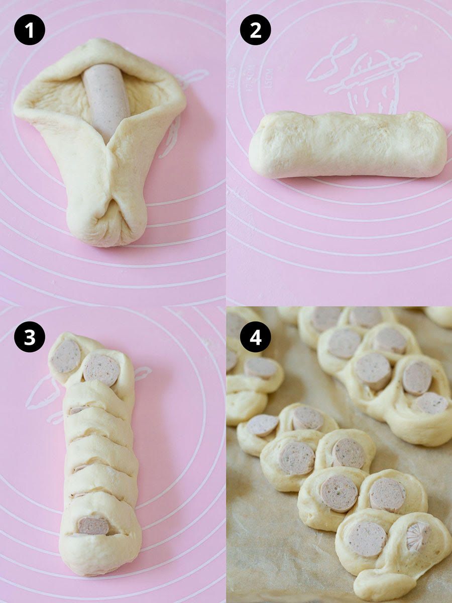 Steps for shaping sausage bread rolls.