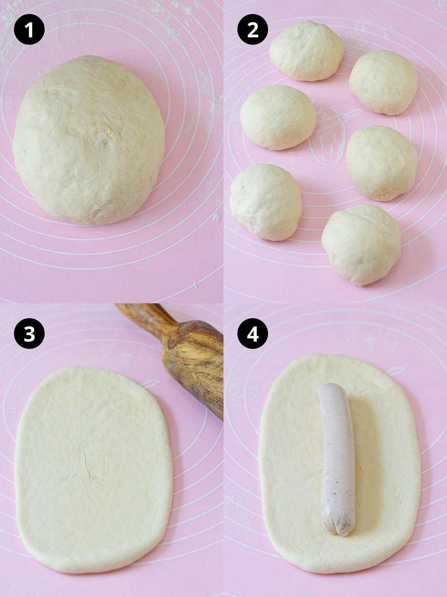 Steps for shaping Korean sausage bread.