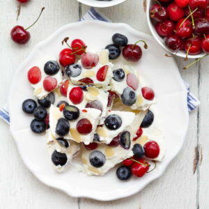 Frozen Yogurt Bark on a white platter.