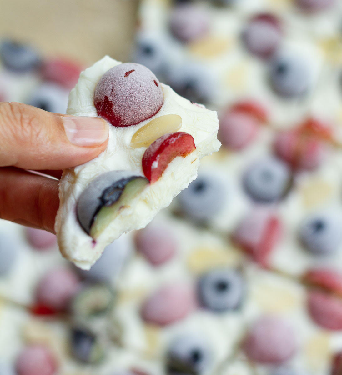 A hand holding a piece of frozen yogurt bark.