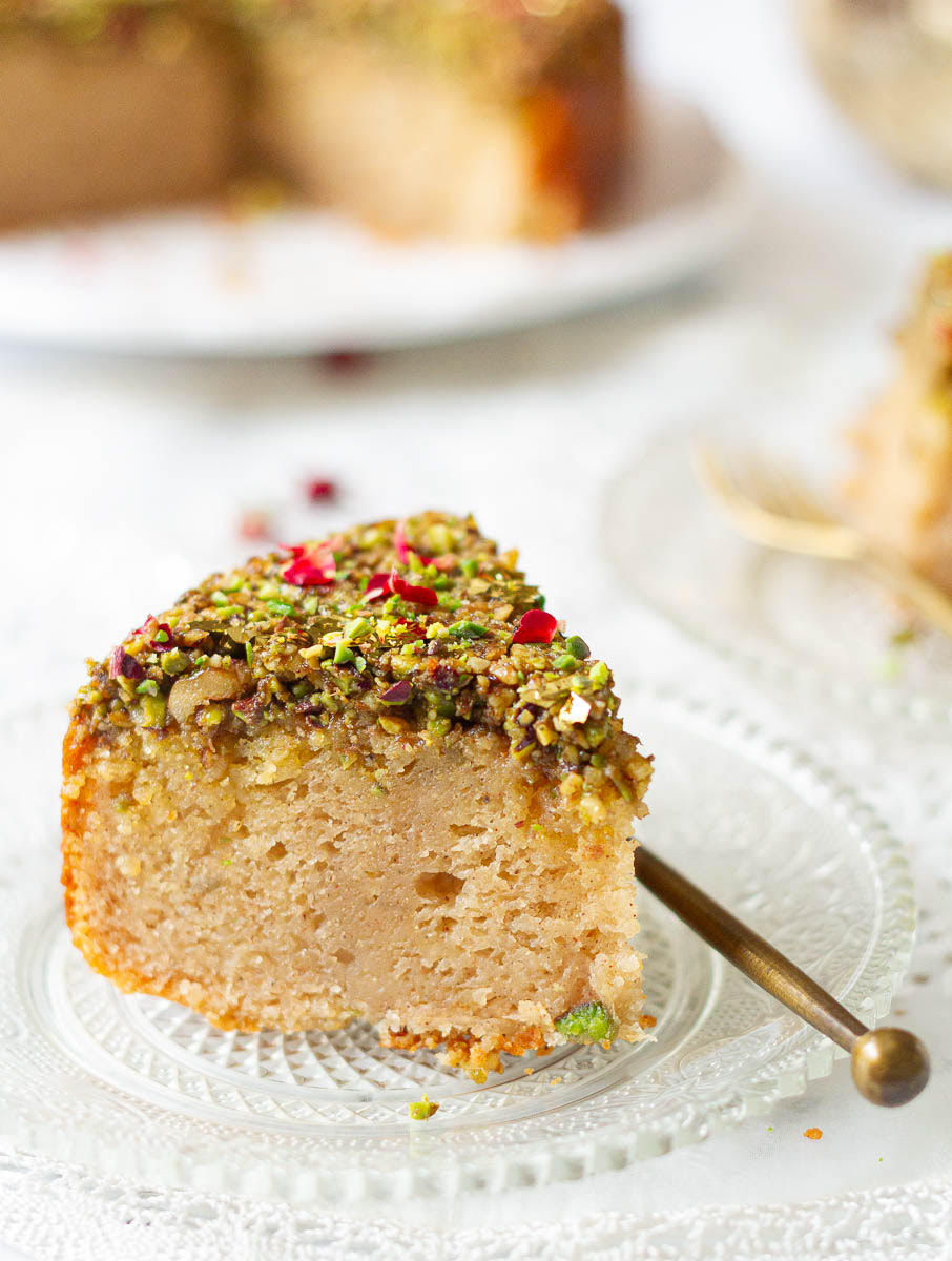 A slice of Baklava Cake on a small plate