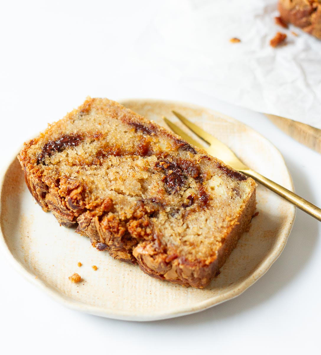 A slice of cake on a small plate with a fork.