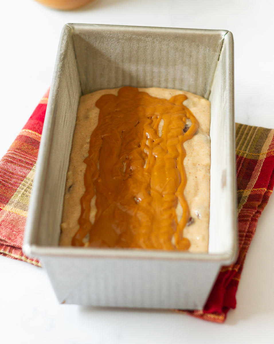 Half the batter and Biscoff in a loaf tin.