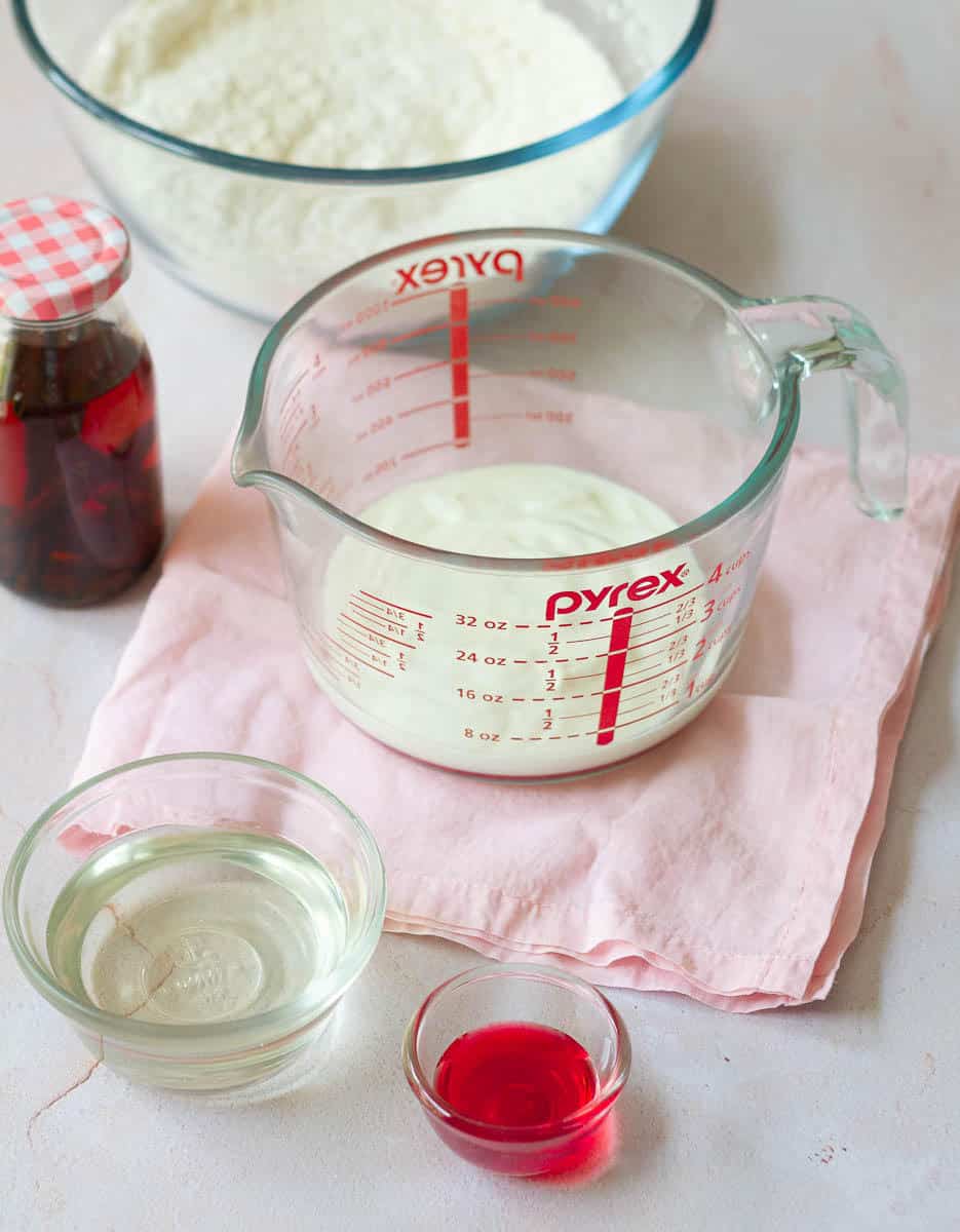 Wet ingredients for rose tres leches.