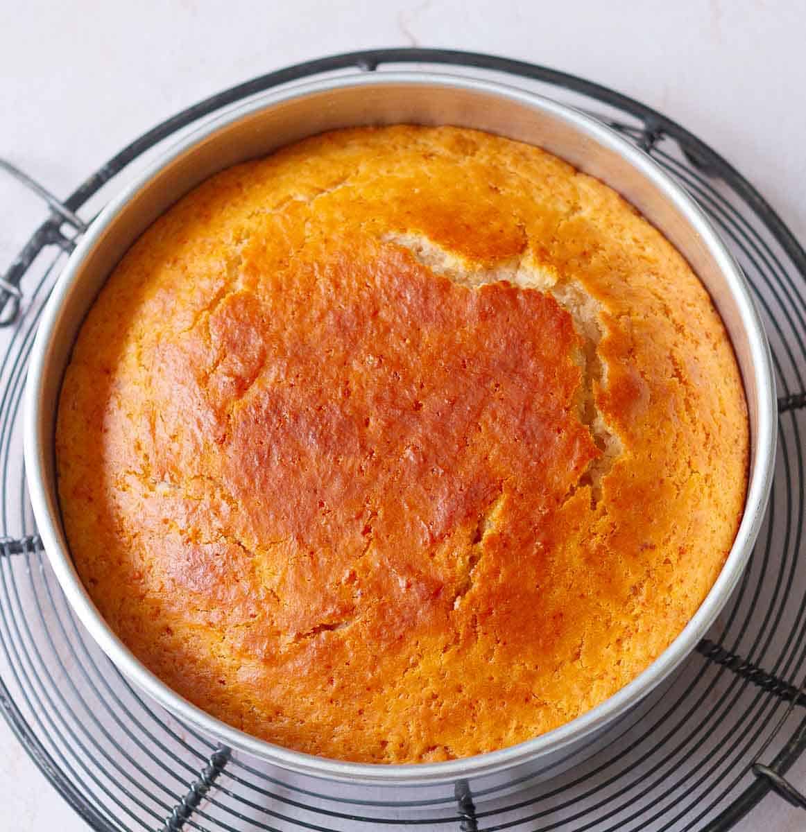 baked rose tres leches cake in a round cake tin.
