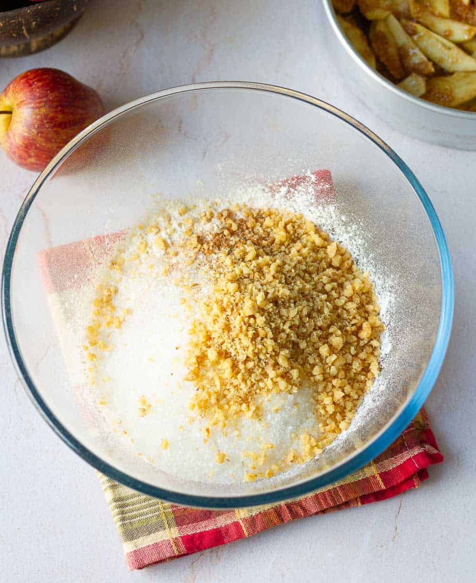Dry ingredients for making cake batter in a mixing bowl.