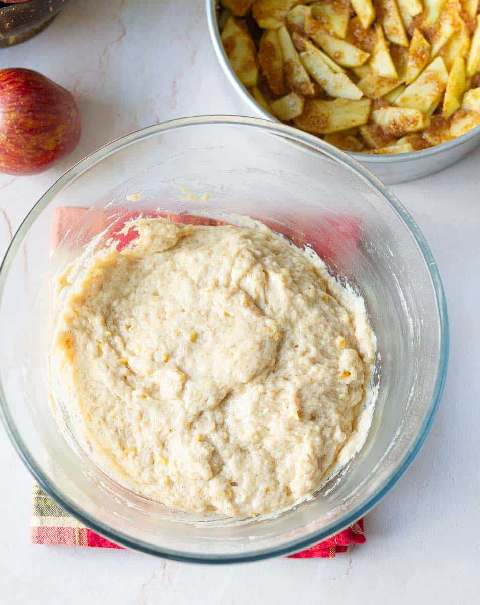 Batter for the cake in a mixing bowl.
