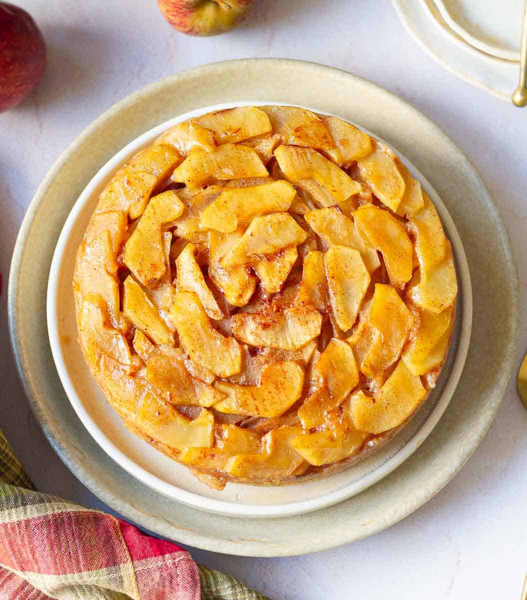 Upside Down Apple Cake on a serving platter.