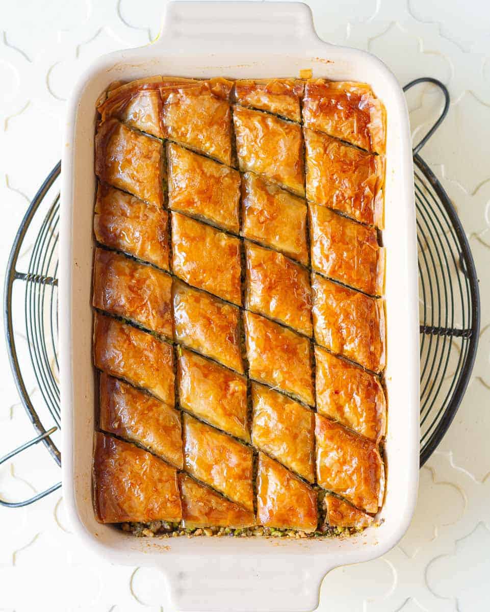 Baked baklava with syrup on top