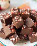 Squares of chocolate fudge with crushed candy canes.