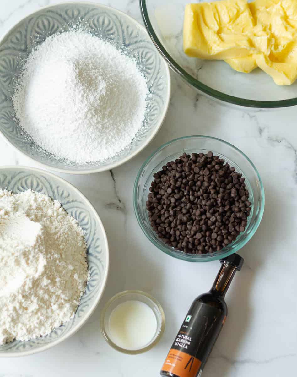ingredients for making chocolate chip shortbread cookies.