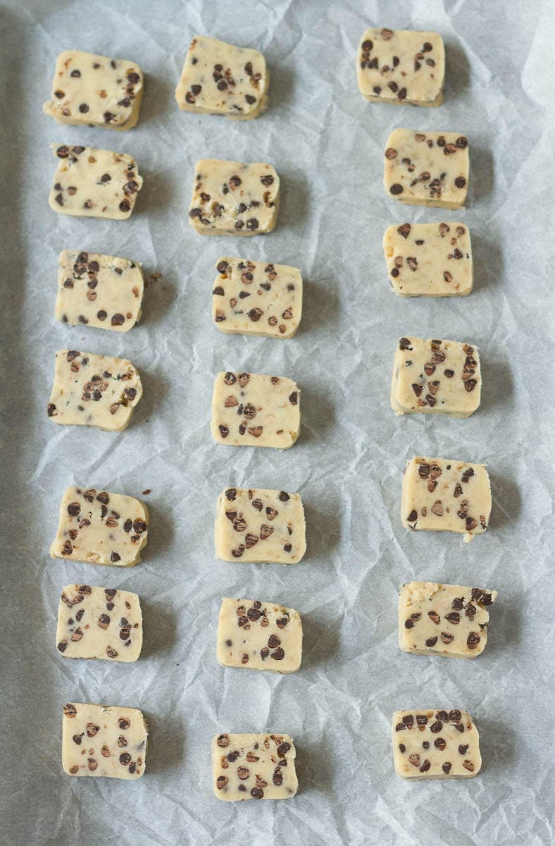 sliced cookie dough on a baking tray.