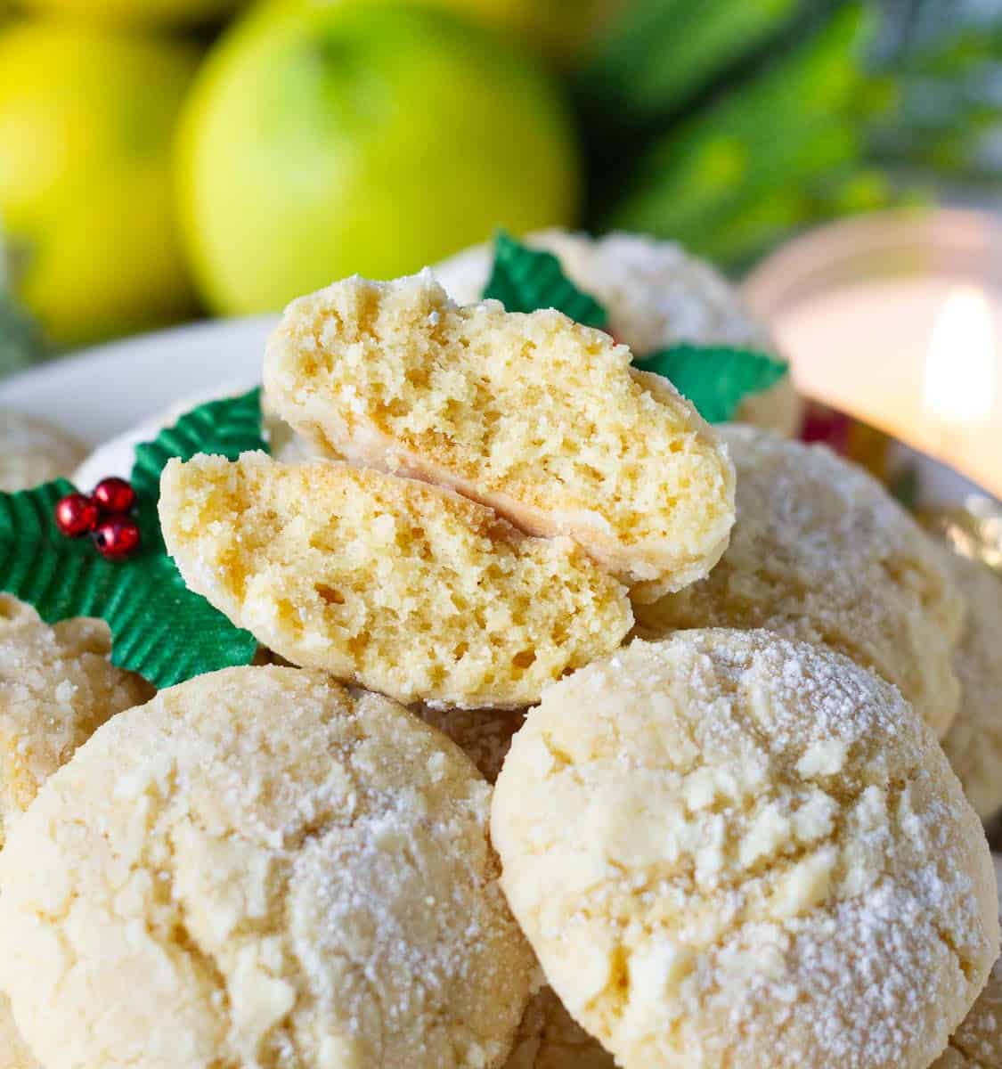 One cookie cut in half to show the soft texture.