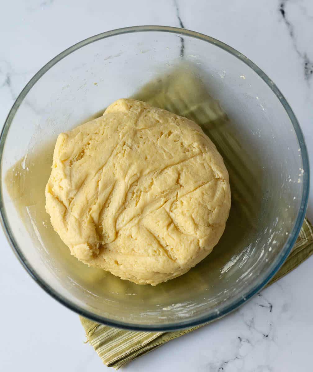 Cookie dough for in a mixing bowl.