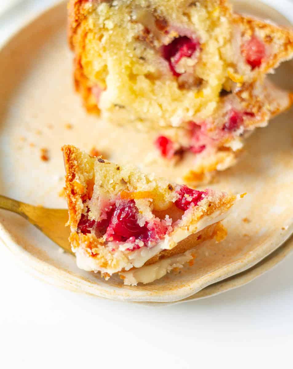 a bite of Cranberry Pound Cake on a fork