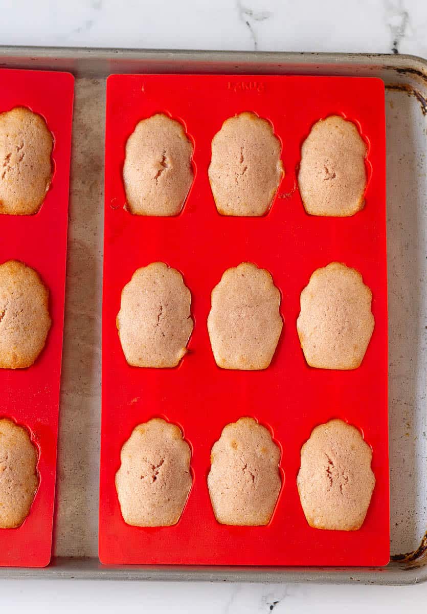 Baked strawberry madeleines in a red silicone mold.