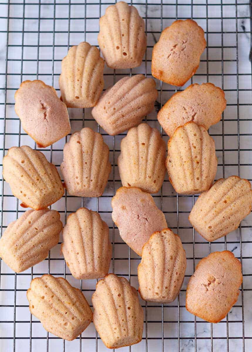 strawberry madeleines on a cooling rack.