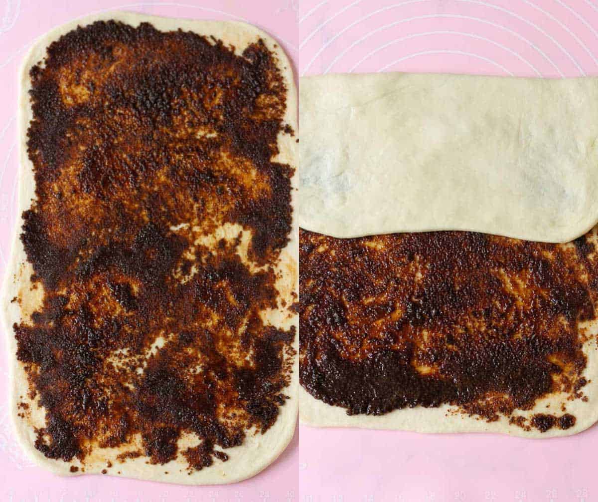 Rolled out dough with cinnamon coffee mixture on top