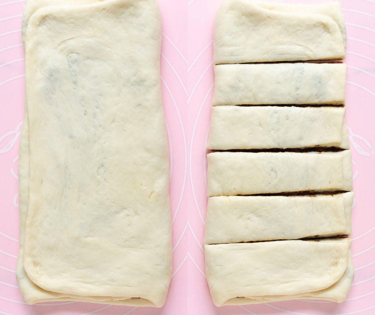 dough folded in thirds and cut into strips
