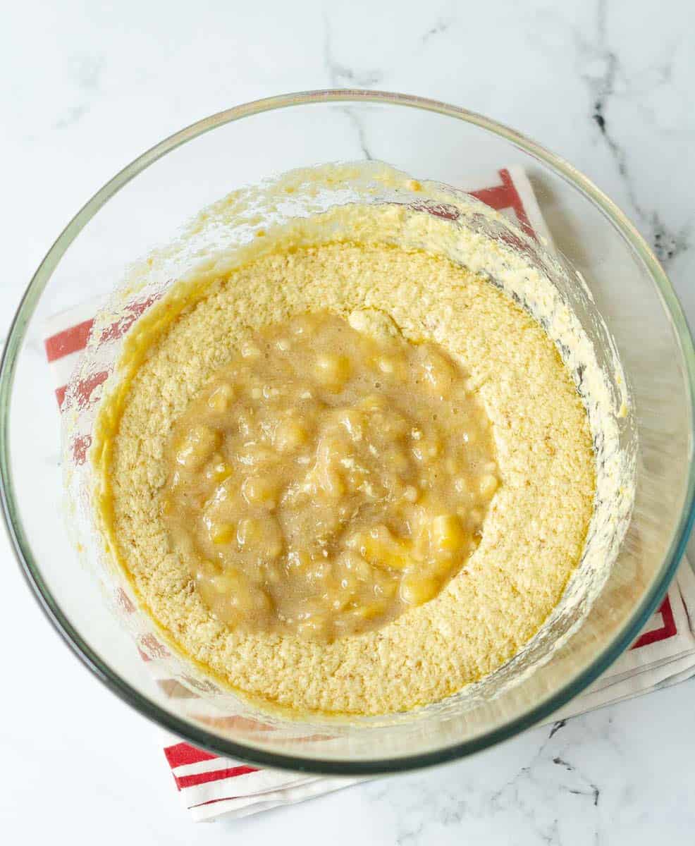 Mashed bananas in the butter egg mixture.