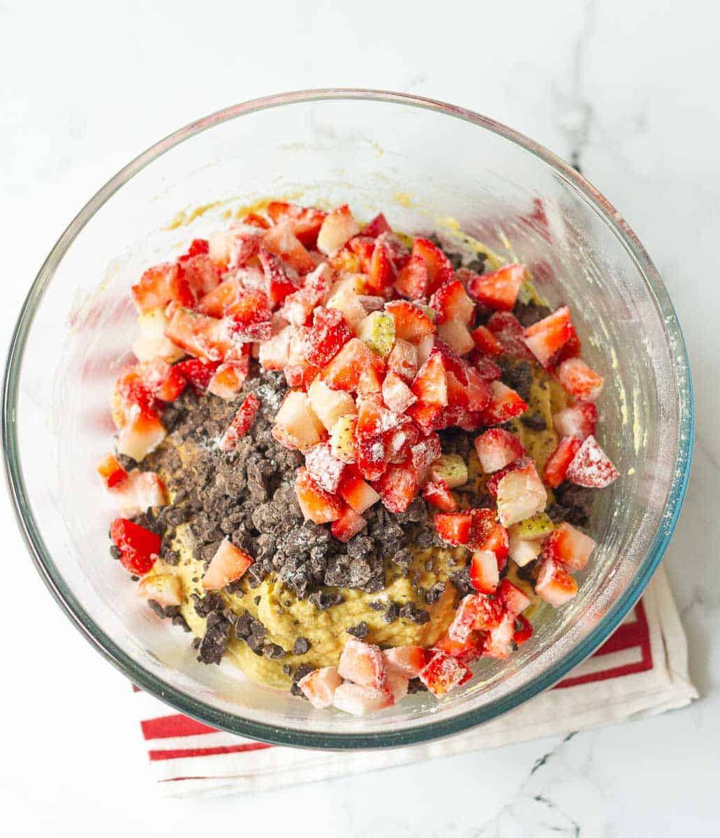 Chopped strawberries and chocolate chips in the batter.