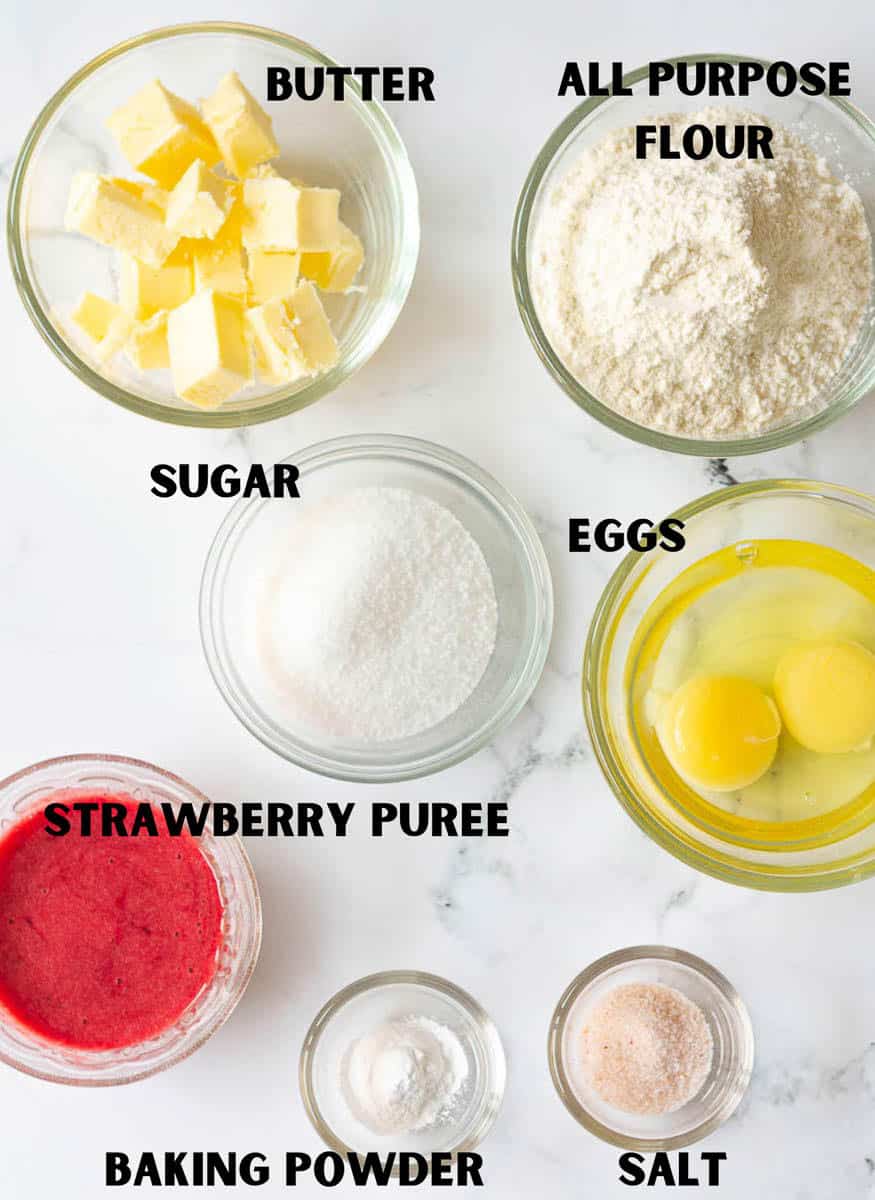 Ingredients for making strawberry madeleines.