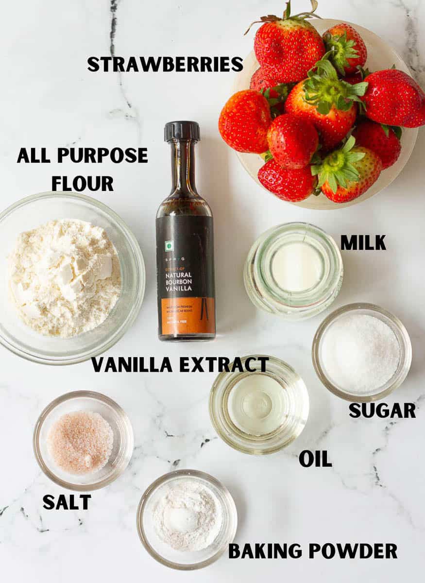 Ingredients for making strawberry mug cake.
