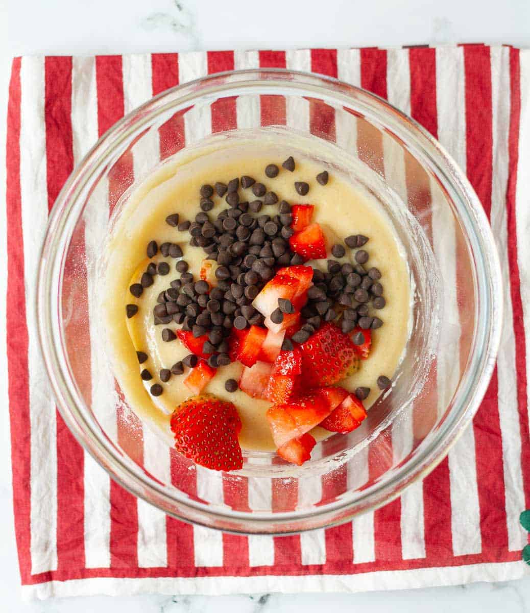 chopped strawberries and chocolate chips in the cake batter.