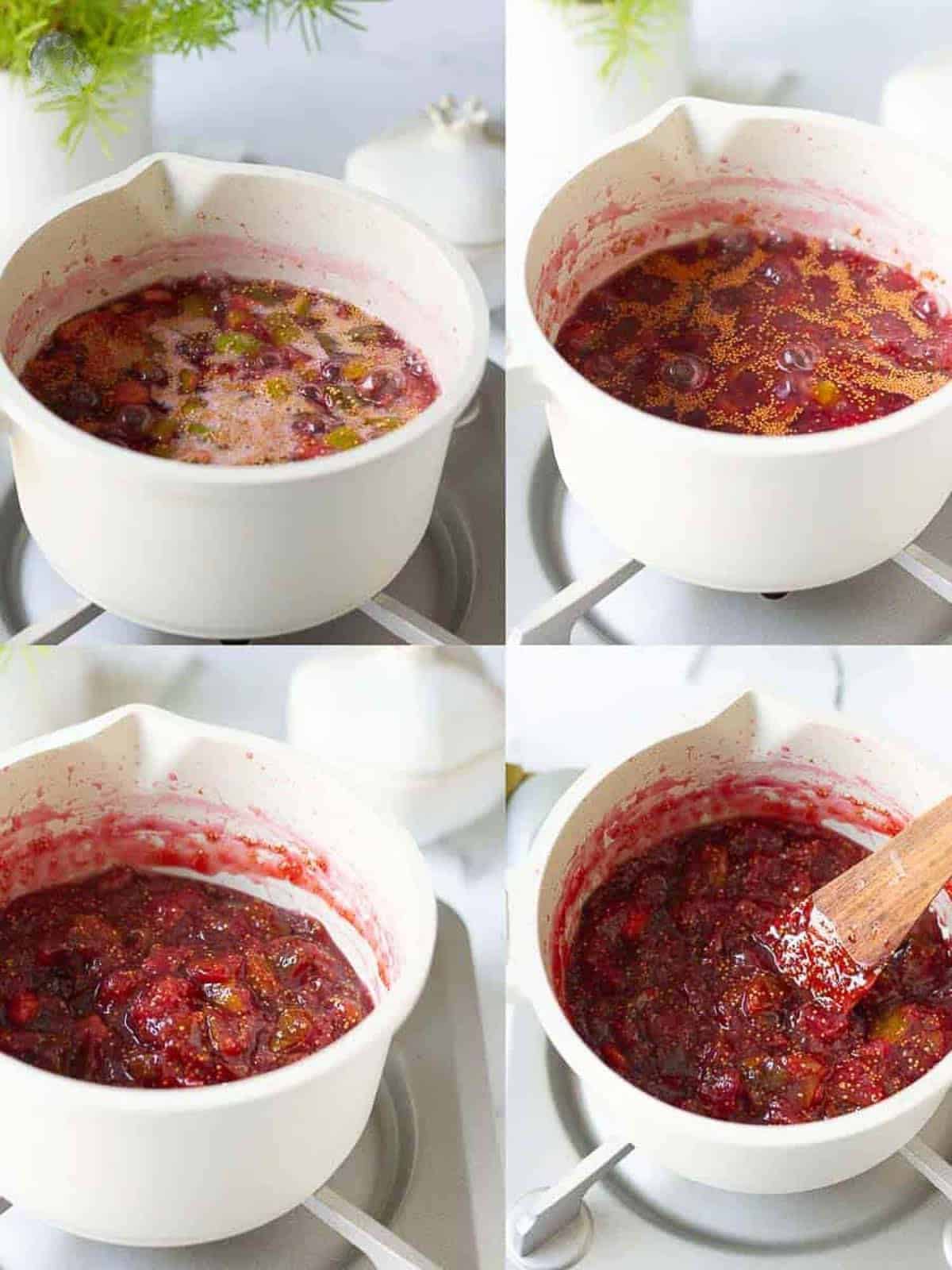 various stages of cooking fig jam in a saucepan on a stovetop.