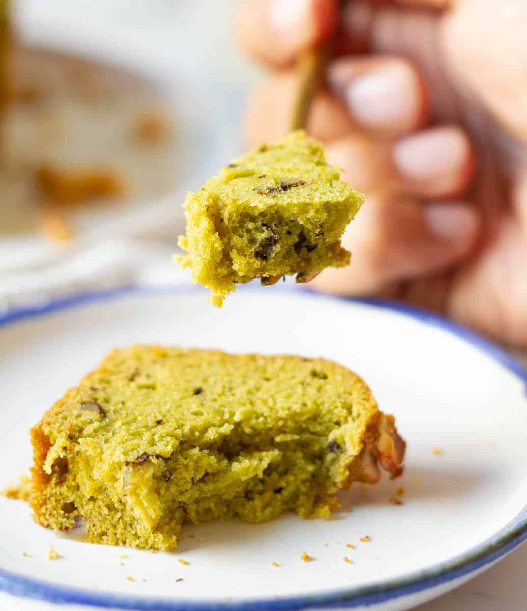 avocado bread bite on a fork